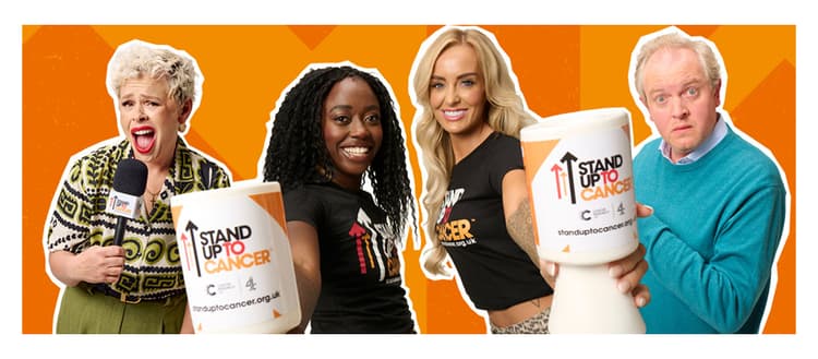 Banner showing celebrities standing up to cancer.